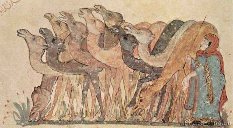 Макам аль-Харири, караваны верблюдов (тридцать второй макам). 1237 - 13,8 x 26 см Бумага Ближний Восток Париж. Национальная библиотека Книжная миниатюра